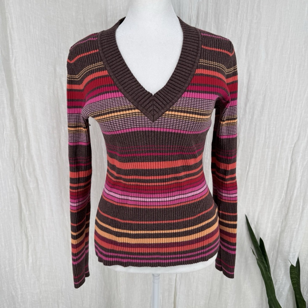 Vintage 90s Striped Long Sleeve Top S Indie Grunge Preppy Y2K Ribbed Stretch